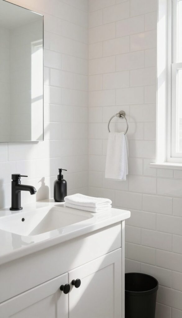 Small guest bathroom with matte black hardware and accessories on a white vanity, natural light, clean and stylish.