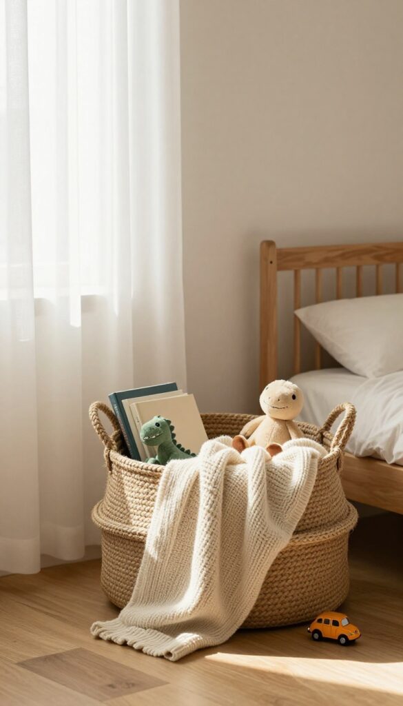 Boy's bedroom with woven baskets for stylish storage, featuring natural seagrass and rope baskets holding blankets, toys, and books in a bright, cozy setting.