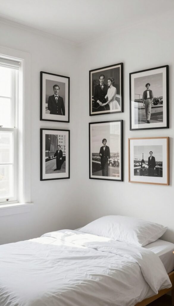 Gallery wall of thrifted art in a bright guest bedroom with mixed frames and prints