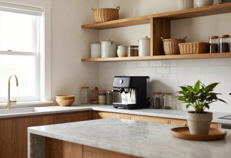 Cozy built-in coffee bar in a kitchen with warm wood shelves and ceramic canisters