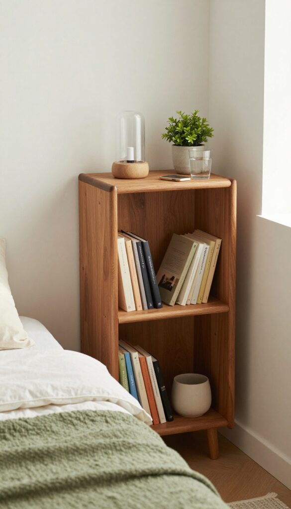 Narrow bookshelf used as a nightstand beside a bed, with lamp, books, and decor in a cozy guest room.