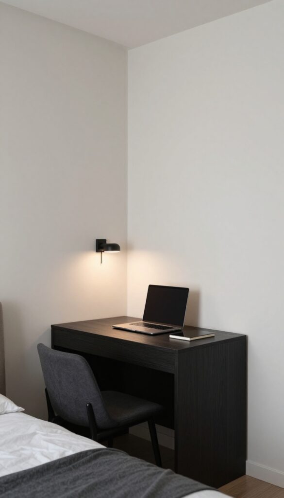 Corner desk doubling as nightstand in small bedroom with dark tones and smart storage