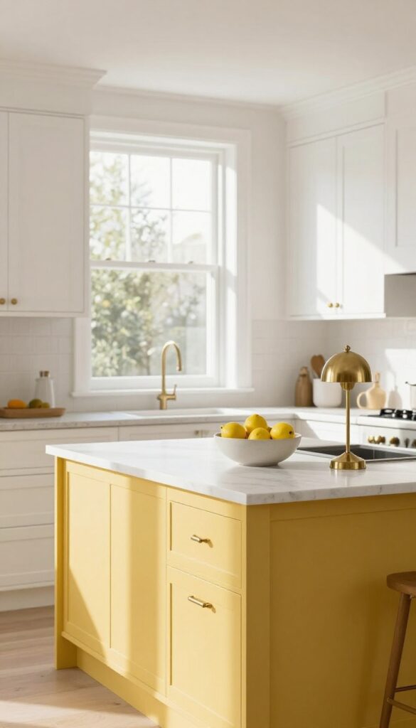 Bright kitchen with white cabinets and a mustard yellow island, brass accents, and lemons in a bowl.