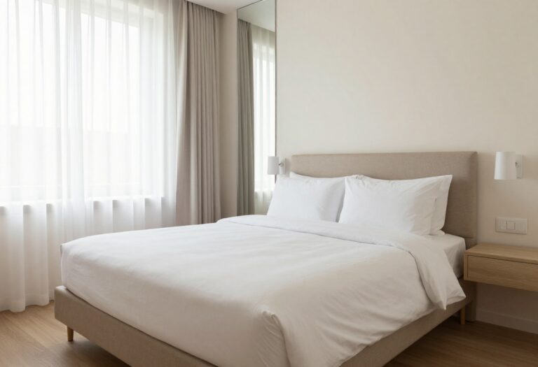 Small guest bedroom with hotel-style comfort, neutral decor, and natural light