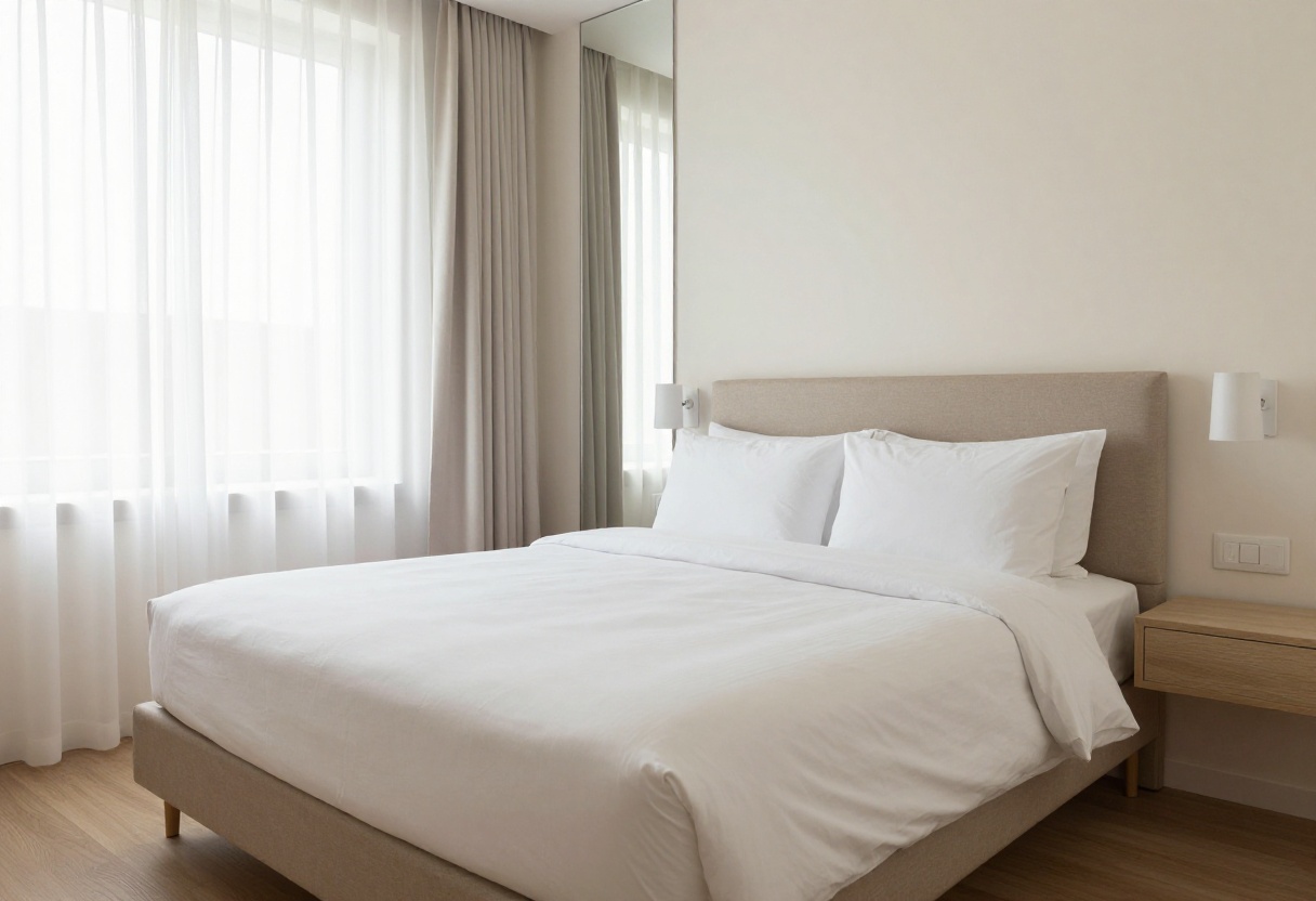 Small guest bedroom with hotel-style comfort, neutral decor, and natural light