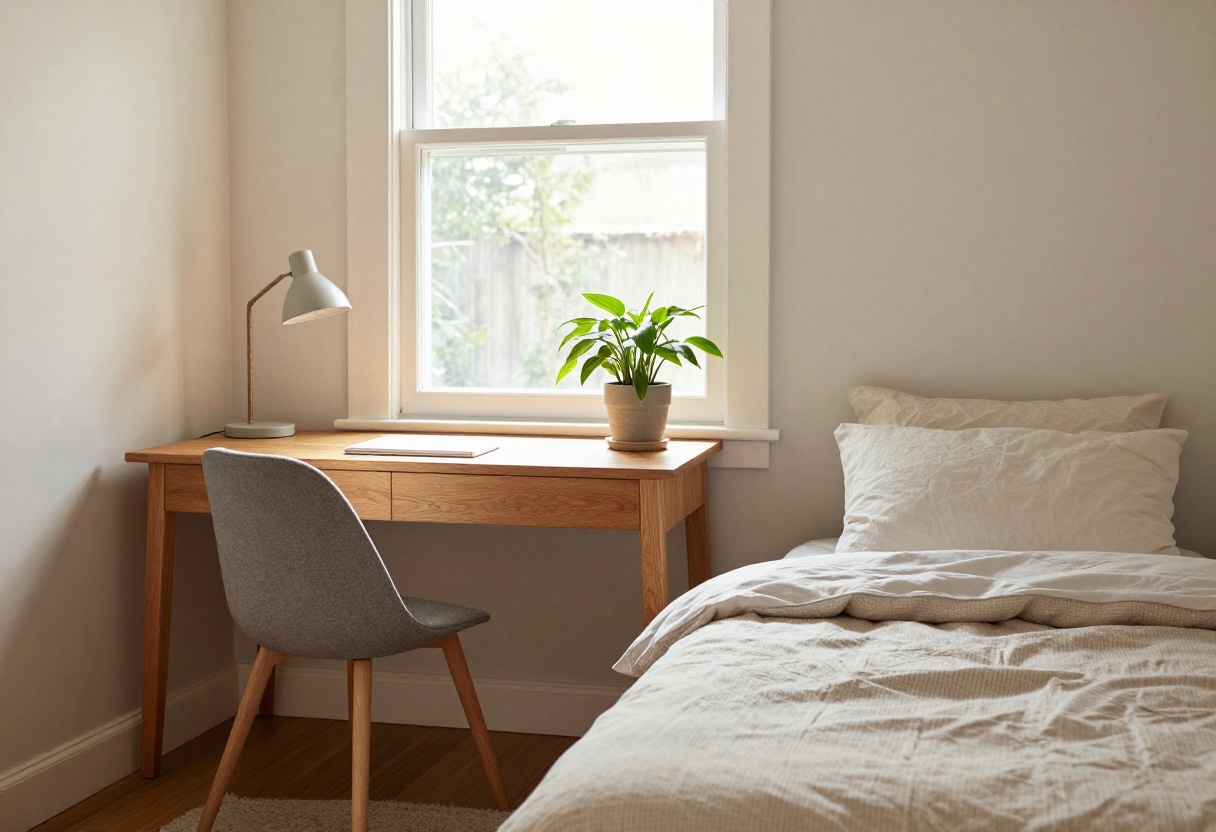 Teenage boy's bedroom with a study corner by the window, featuring a wooden desk, lamp, plant, and comfortable chair.