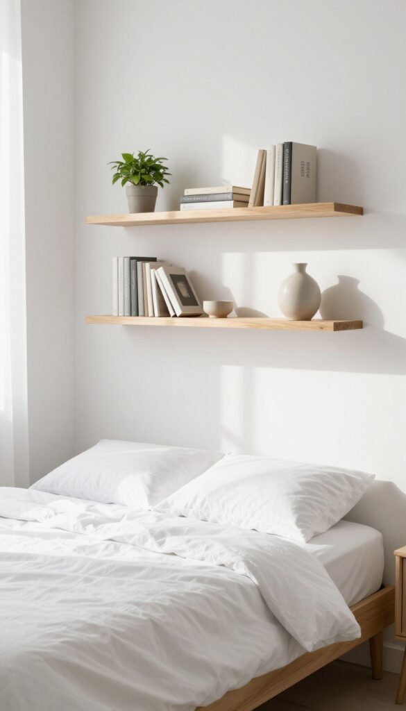 Small bedroom with floating shelves above bed displaying books, plant, and ceramic decor, creating an open and airy feel.