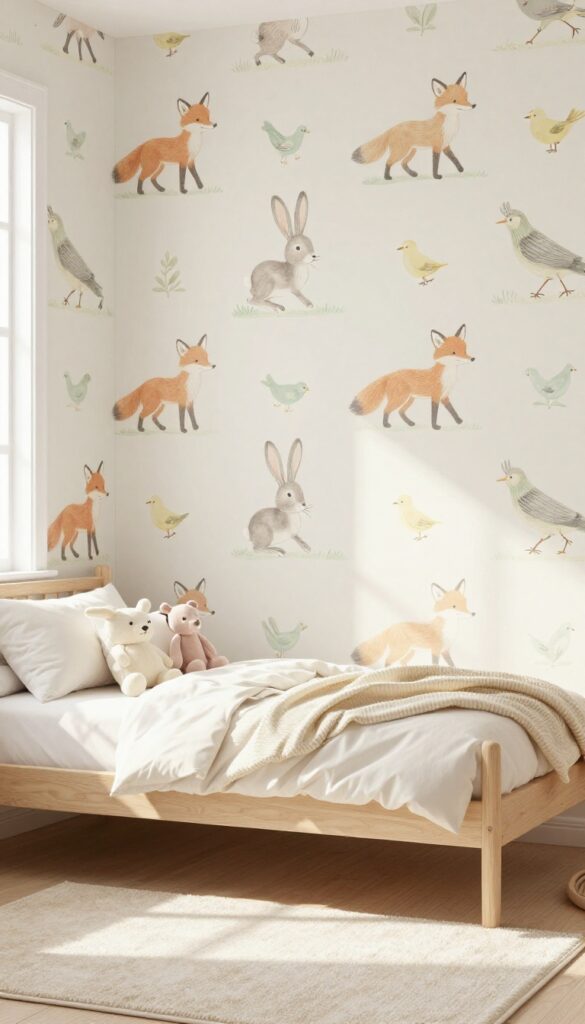 Girls bedroom with whimsical animal parade wallpaper featuring hand-drawn foxes, rabbits, and birds in soft muted colors, paired with simple wooden bed and plush toys.