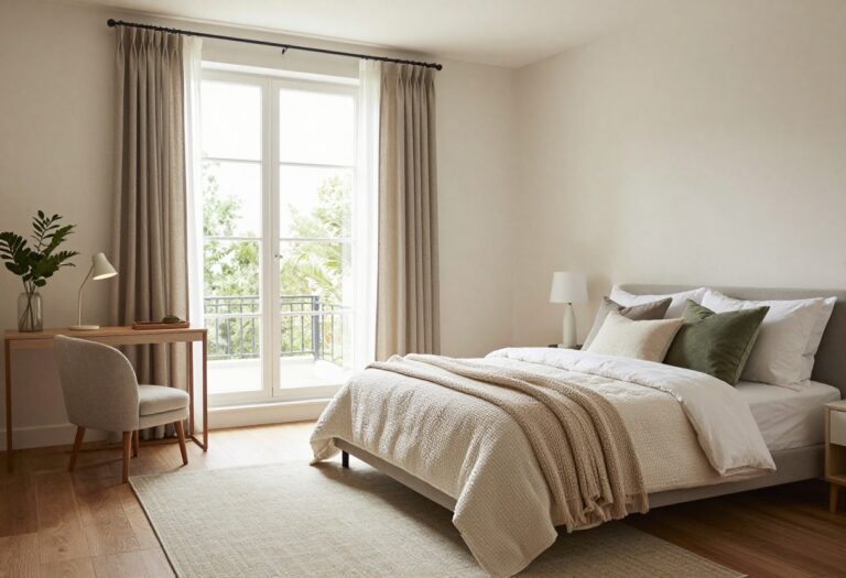 Cozy small spare bedroom with layered bedding, a desk, and a reading nook