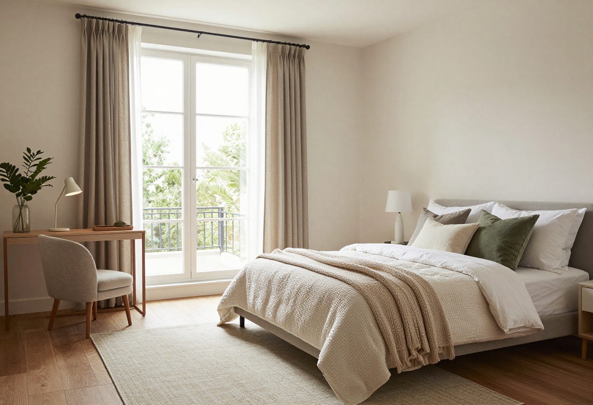 Cozy small spare bedroom with layered bedding, a desk, and a reading nook