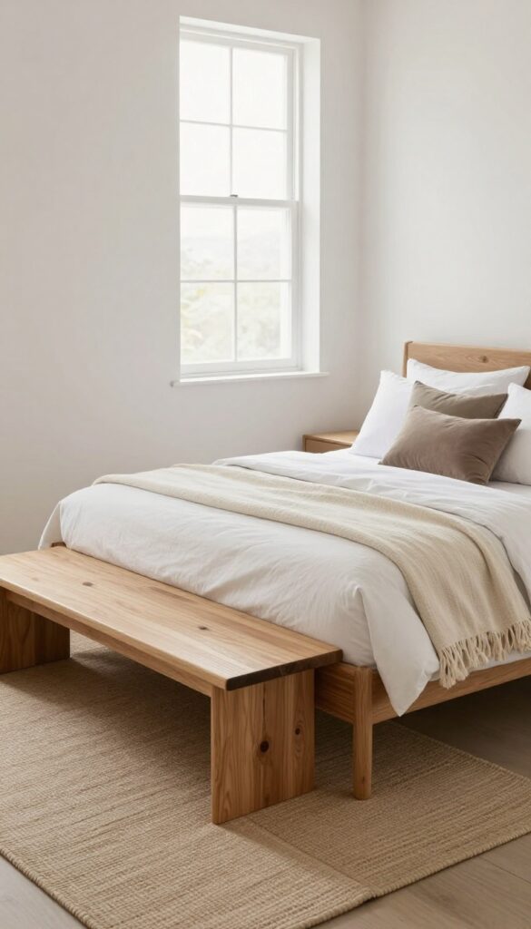 A small bedroom featuring a slim storage bench at the foot of the bed, with cushions and a throw, in bright natural light.