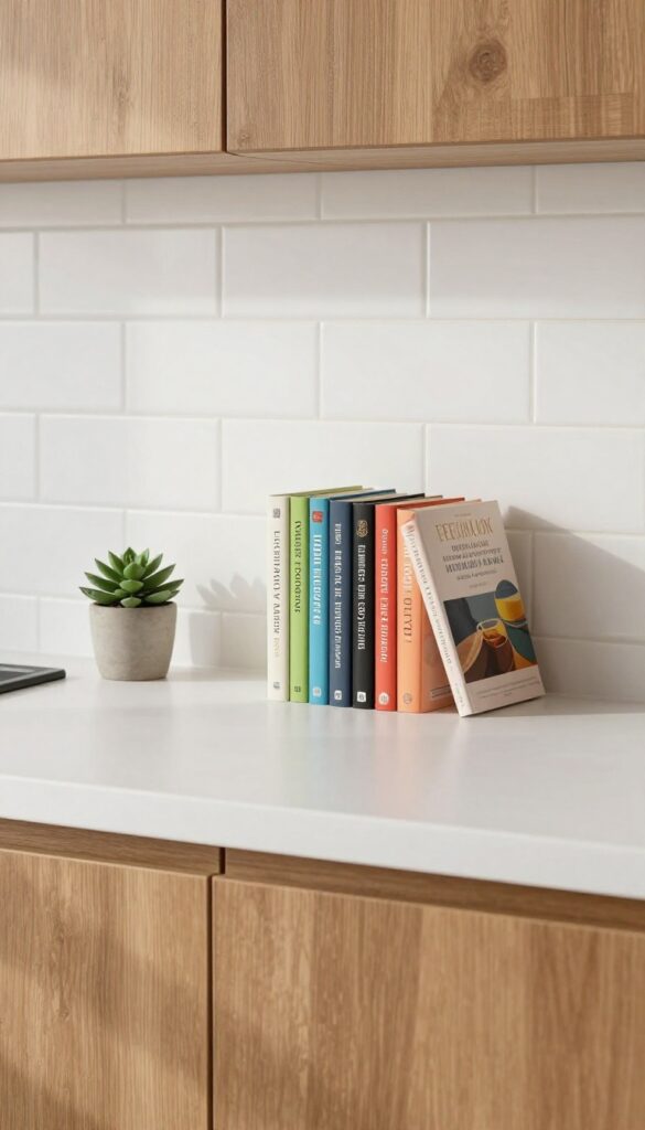 Cookbooks stacked on a kitchen counter with a plant, leaning against a tiled backsplash in a bright modern kitchen.