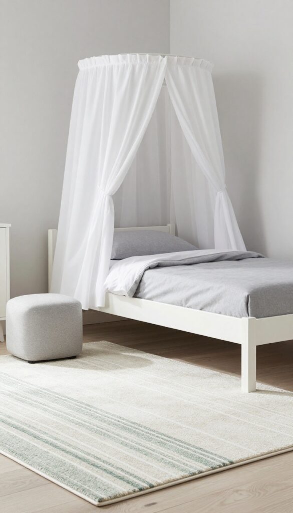 Boy's bedroom with a football field rug under a white bed, bright natural light, clean and stylish interior design.