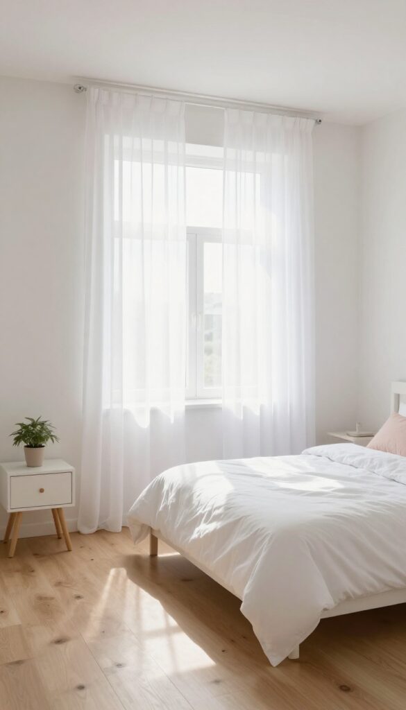 Canopy bed with sheer curtains in a bright preteen girl's bedroom