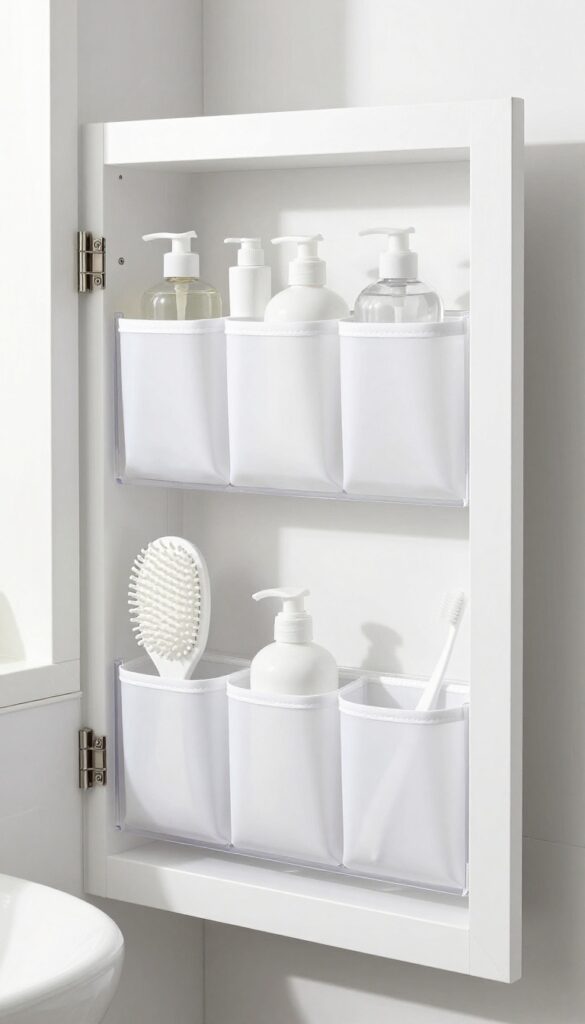 Clear acrylic over-the-door organizer on the back of a white door in a small luxury guest half bathroom, holding neatly arranged toiletries.