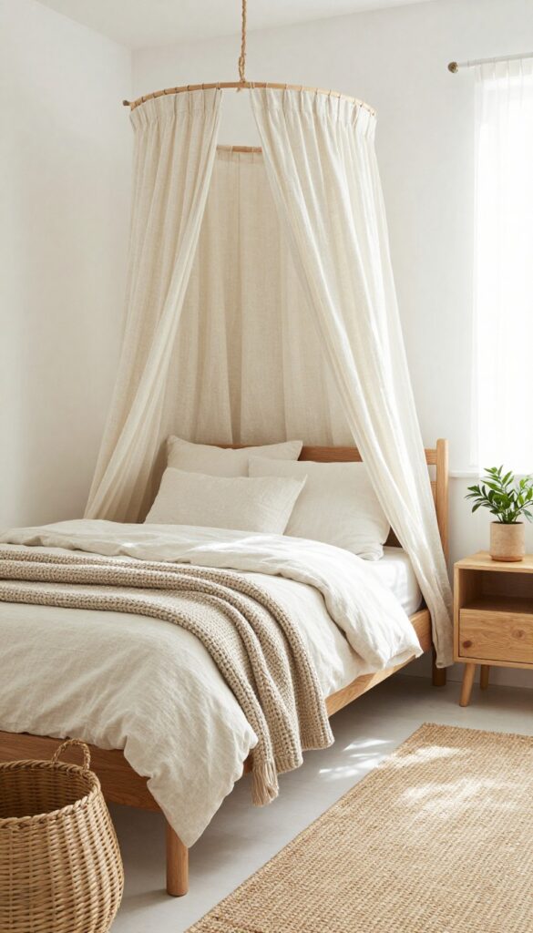 Boho girls bedroom with neutral base, warm wood and rattan textures, cream bedding, and natural light.