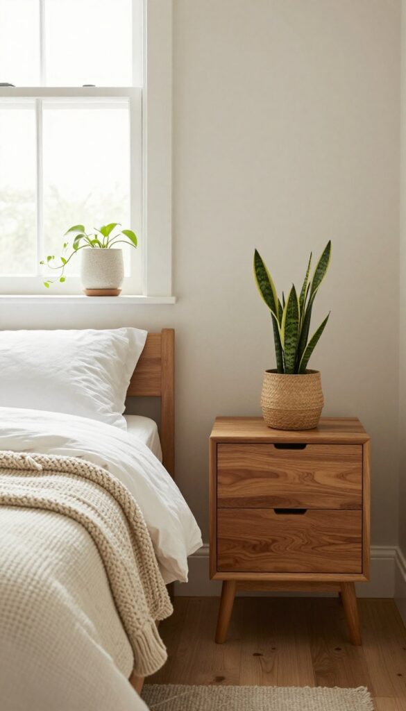 Small bedroom with snake plant on nightstand and trailing pothos on shelf, cozy and inviting