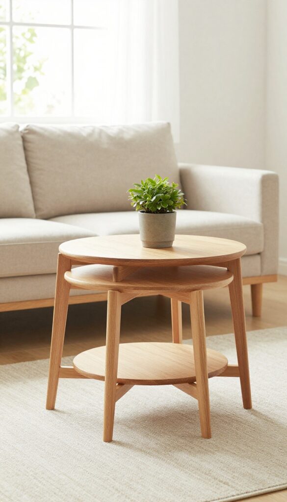 Nesting tables stacked together in a small living room with a plant on top, warm wood tones, bright natural light.