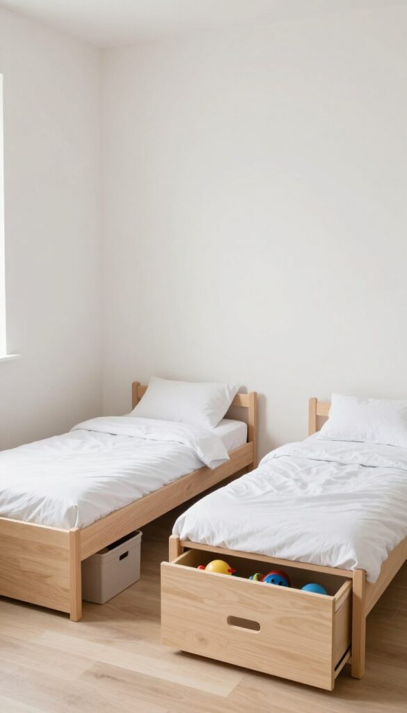 Two twin beds in a bright kids' bedroom with under-bed rolling drawers for storage