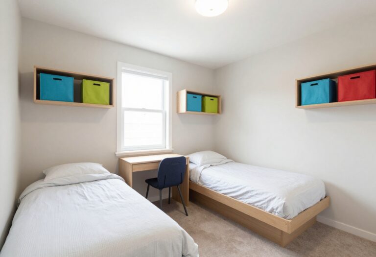 Two boys bedroom with twin beds, wall desk, and colorful storage bins