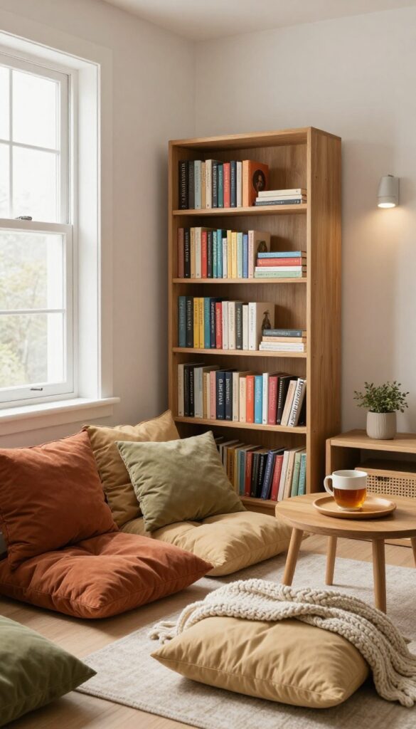 Cozy reading nook in a teen girl's bedroom with floor cushions, low bookshelf, and side table by a window