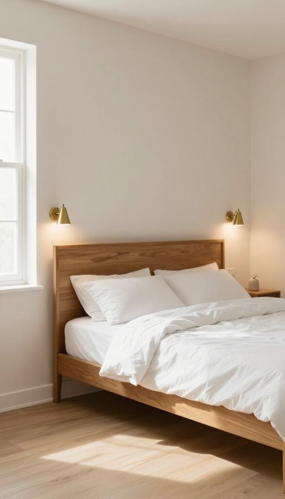 Men's small bedroom with dark charcoal accent wall, white bedding, wooden headboard, brass sconces, and natural light