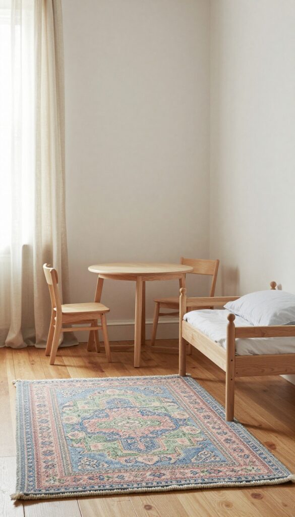 Vintage kids bedroom with a classic braided rag rug in muted colors, wooden furniture, and linen curtains