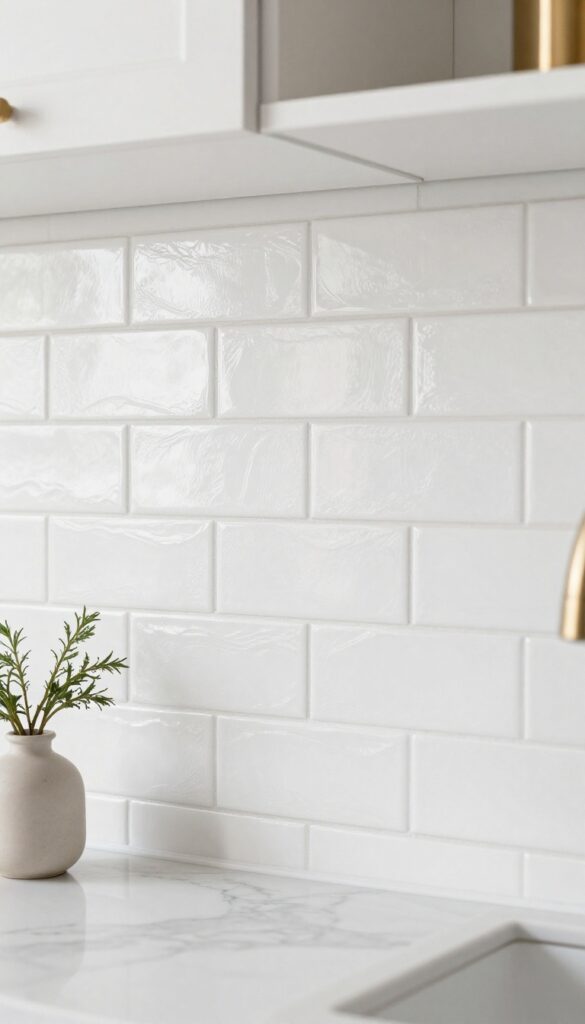White textured subway tile backsplash with raised ridges and waves, natural light, marble countertop, and brushed brass faucet.