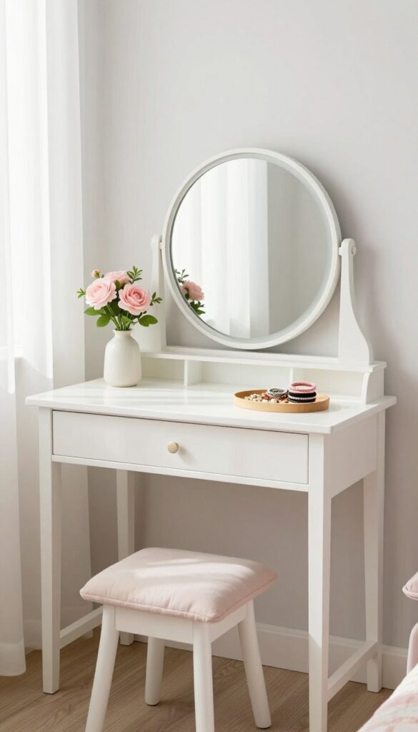 Girl's bedroom vanity with mirror, stool, and decorative accessories in bright natural light