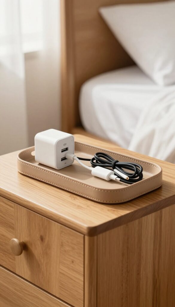 A charging station on a nightstand with a leather tray, multi-port USB charger, and neatly organized cables in a bright guest room.