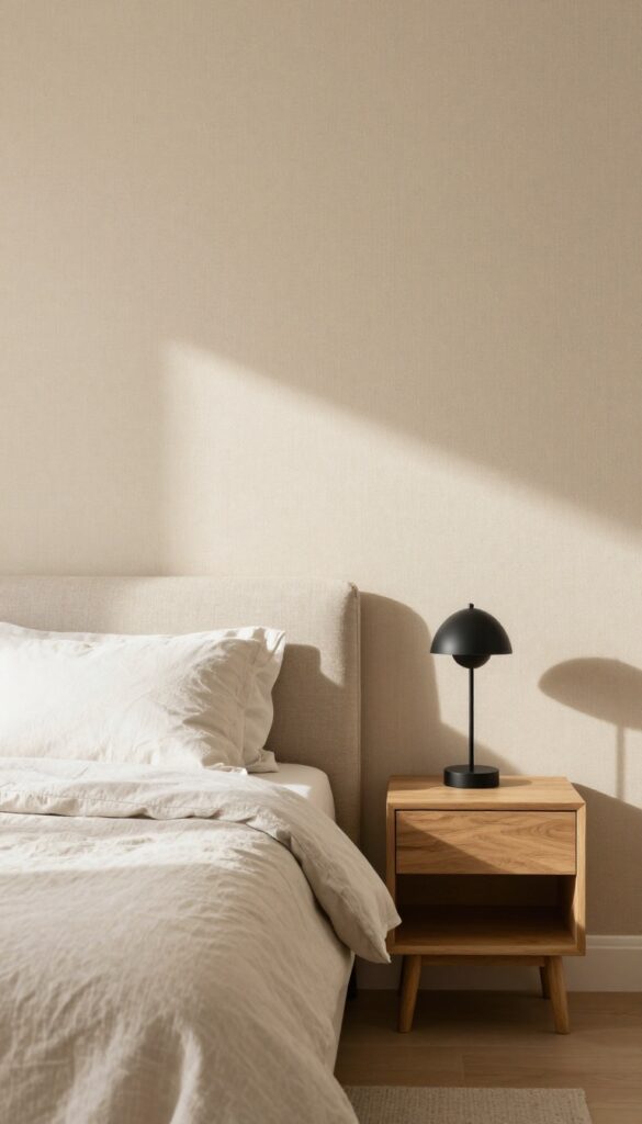 Serene bedroom with faux grasscloth wallpaper in warm oatmeal tone, linen bedding, matte black lamps, and natural wood furniture.