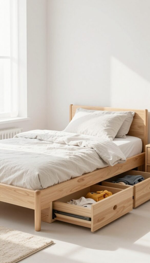 Low platform bed with drawers on both sides in a light, airy kids bedroom