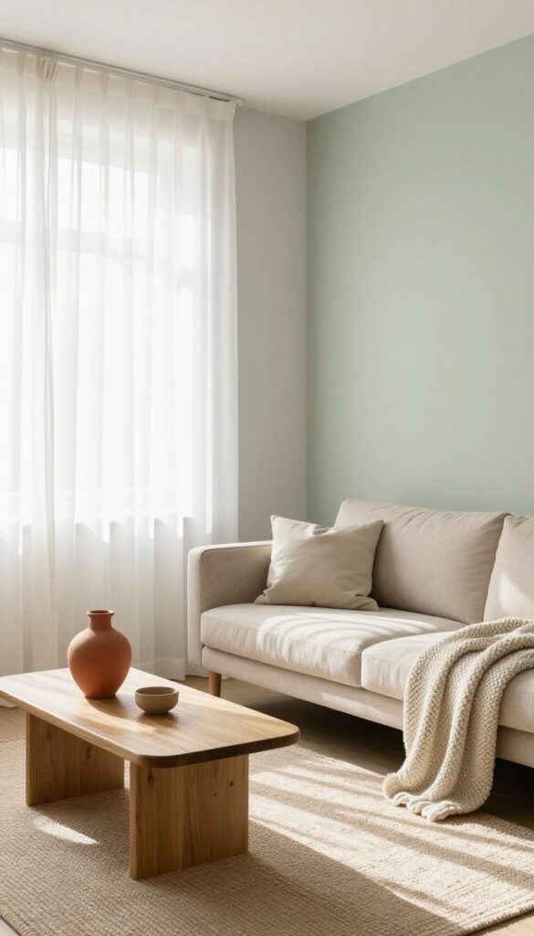Cohesive neutral color palette in a small apartment with warm beige, creamy white, muted sage green, and terracotta accents.
