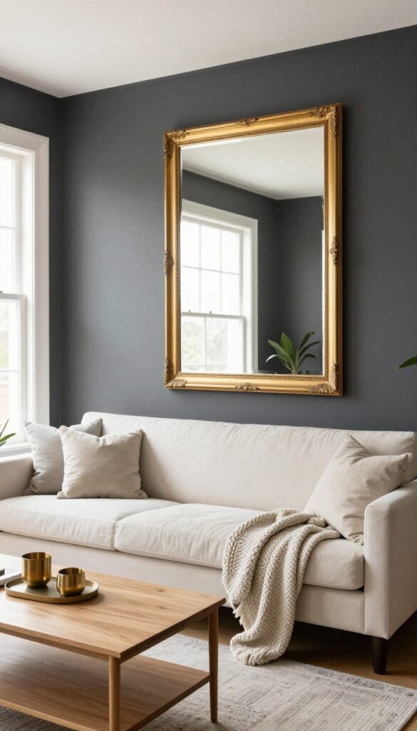 Living room with a charcoal gray accent wall, cream sofa, pale oak coffee table, gold mirror, and brass accents in natural light.