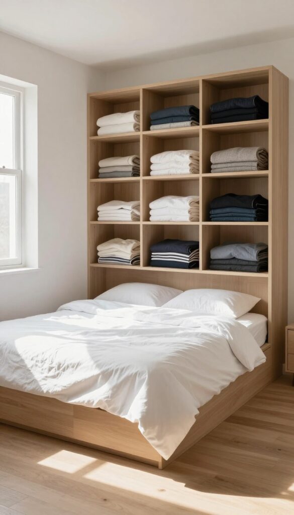 Small bedroom with a platform bed that has built-in storage drawers underneath, showcasing a tidy and organized space.
