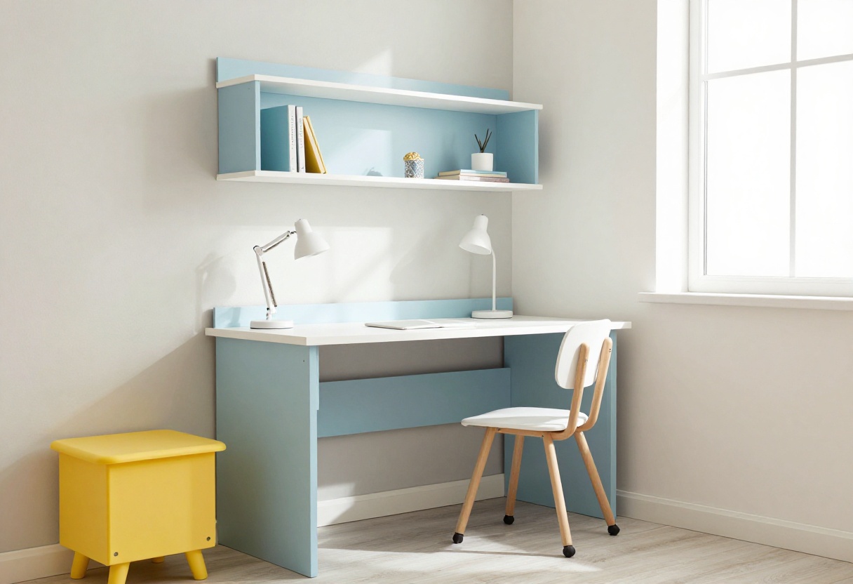 Kids bedroom corner desk with floating shelves and rolling cart storage