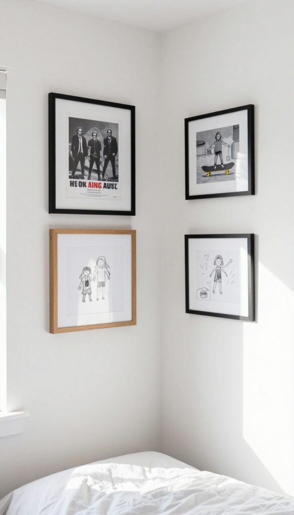 Cozy boys bedroom with framed art gallery on wall, natural light, clean composition