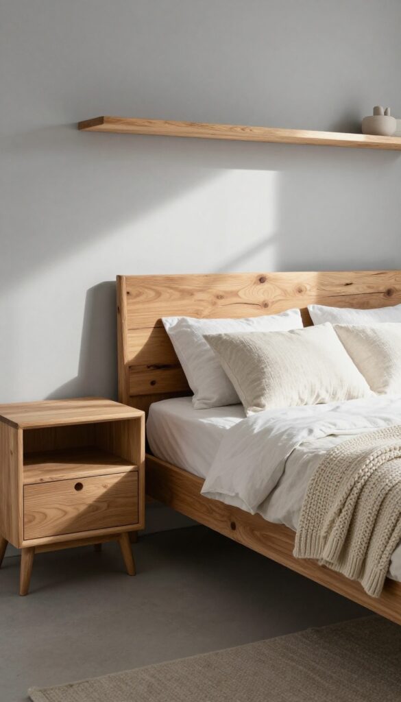 Cozy grey and white bedroom with warm wood headboard and nightstands
