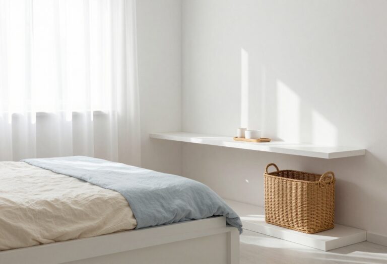 Light and airy small bedroom with storage-friendly decor, white bed, and natural light