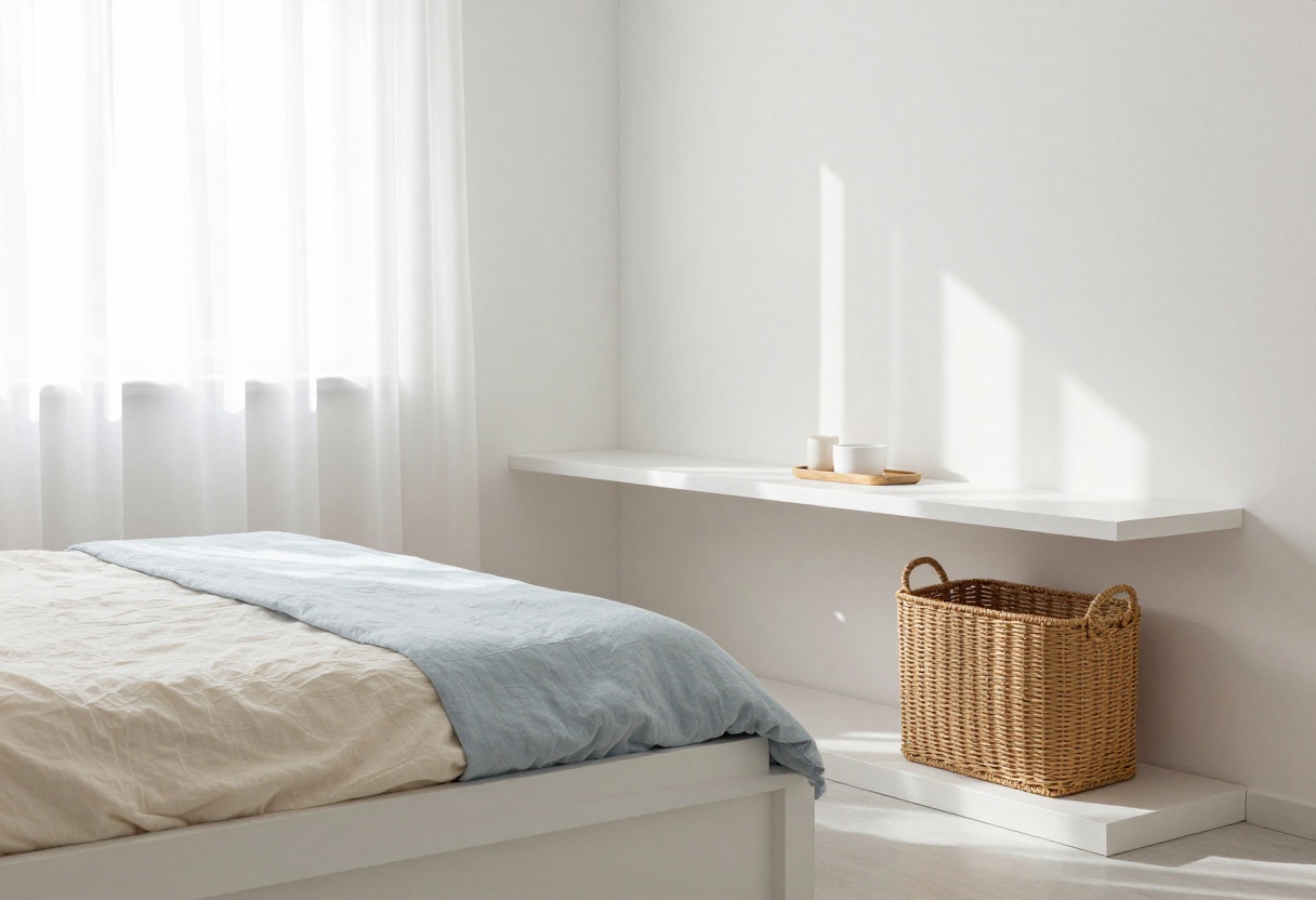 Light and airy small bedroom with storage-friendly decor, white bed, and natural light