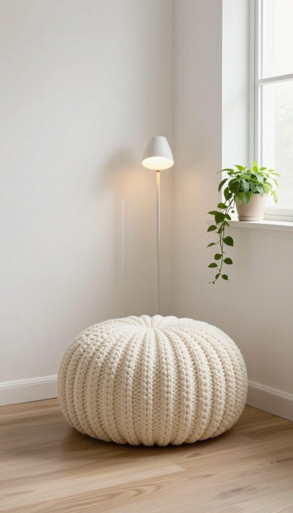 Cozy bedroom corner with a cream knitted pouf, floor lamp, and trailing plant, warm natural light