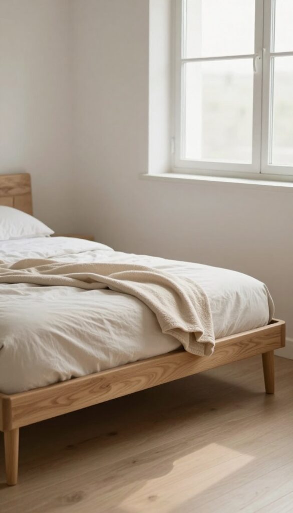 Small bedroom with a bench at the foot of the bed, featuring a cushioned wooden bench with a folded throw blanket, bright natural light, clean composition.