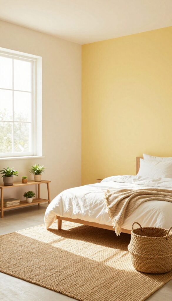 Girl's bedroom with buttery yellow accent wall, jute rug, wooden shelf, plants, and white cotton bedding in natural light.