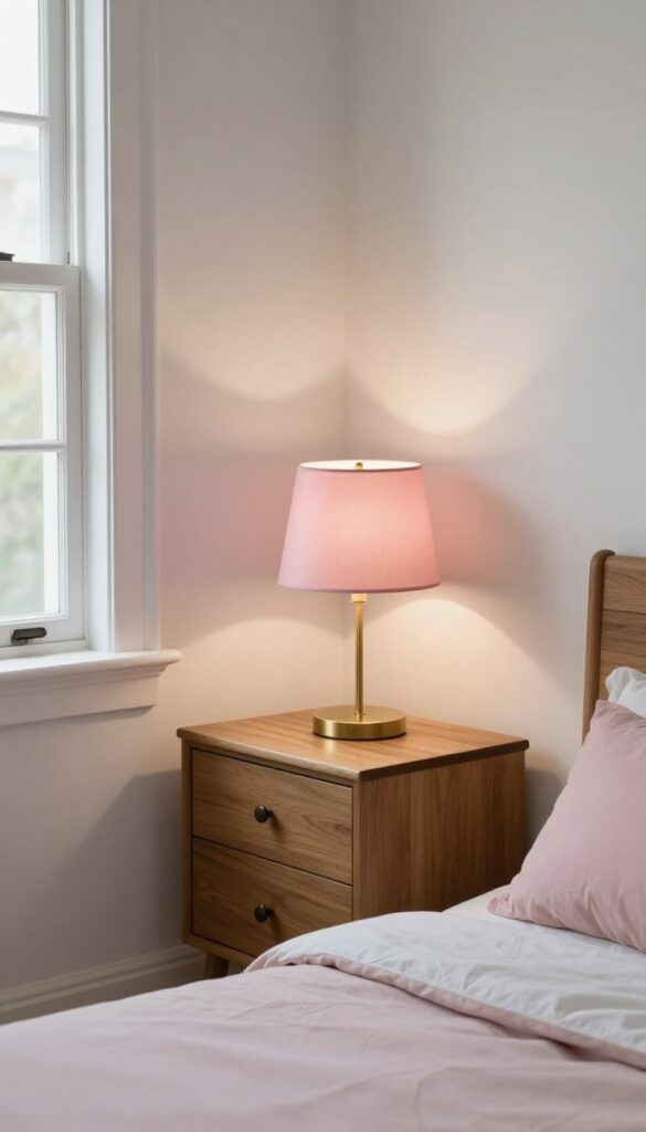 Cozy bedroom with pink lampshades emitting warm rosy glow on nightstand and dresser