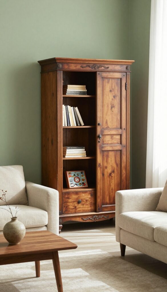 Vintage armoire as a statement piece in a living room with neutral decor and natural light