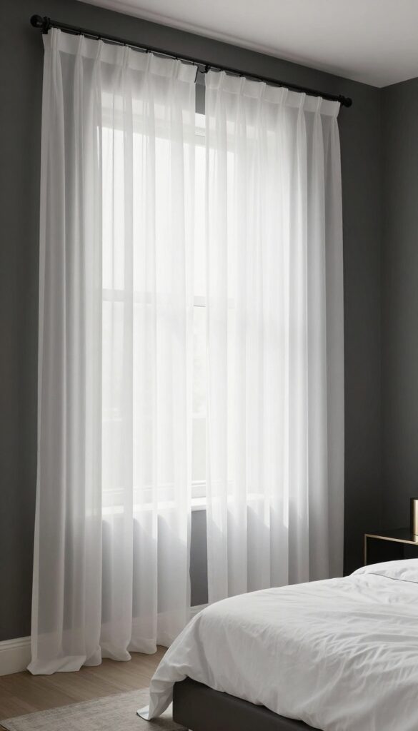 Small bedroom with dark accent wall and sheer white curtains, bright natural light, modern decor