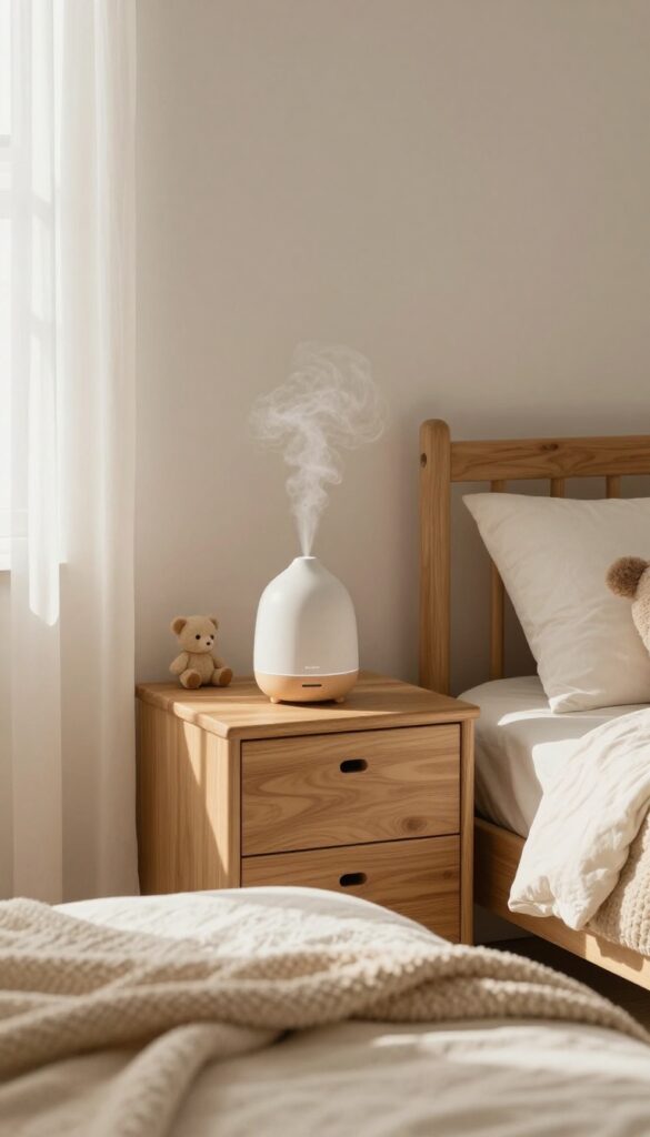 Cozy kids bedroom with a ceramic diffuser on a dresser, soft natural light, warm textures, and a calming atmosphere.
