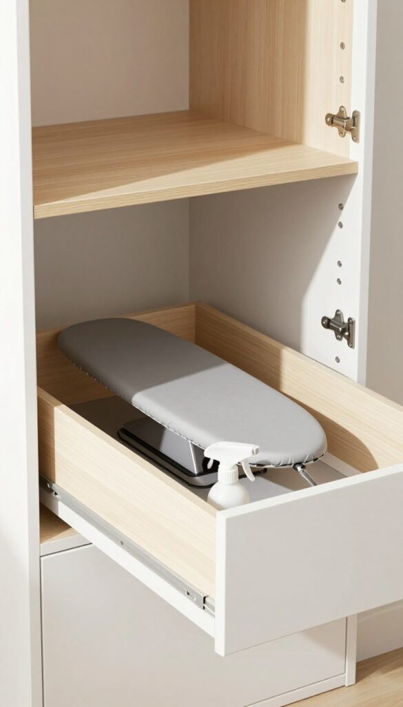 Pull-out ironing board inside a deep drawer in a small bedroom closet, with a heatproof mat and spray bottle inside, bright natural light