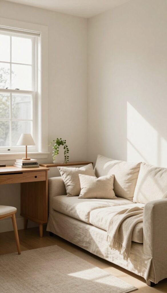 Convertible sofa bed with secretary desk in a bright home office guest room