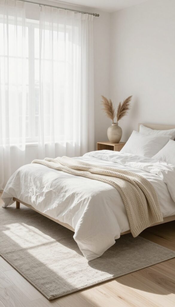 Minimalist bedroom with linen bedding, cotton throw, and wool rug in neutral tones, bathed in natural light.
